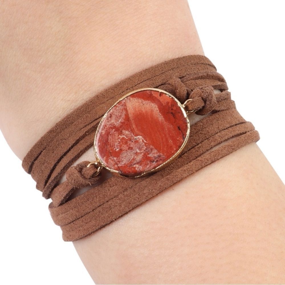 Boutique brown leather and red stone wrap bracelet